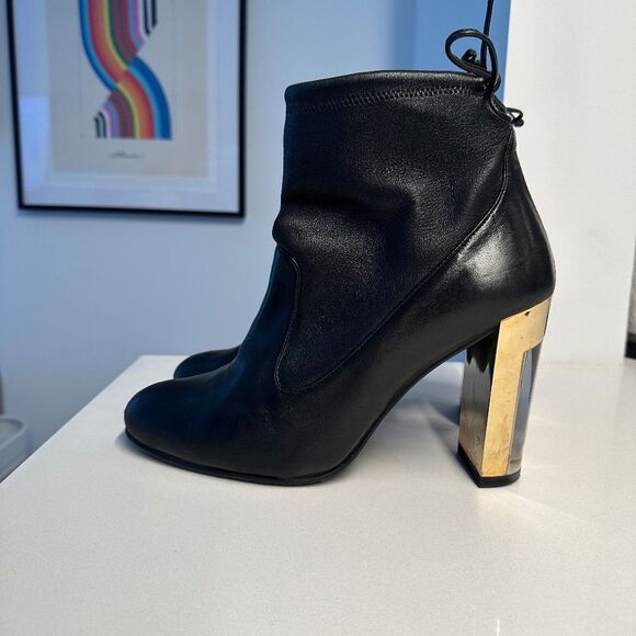 Stuart Weitzman Black Leather Ankle Booties with Lucite & Gold Block Heel Size 9 - Picture 6 of 14